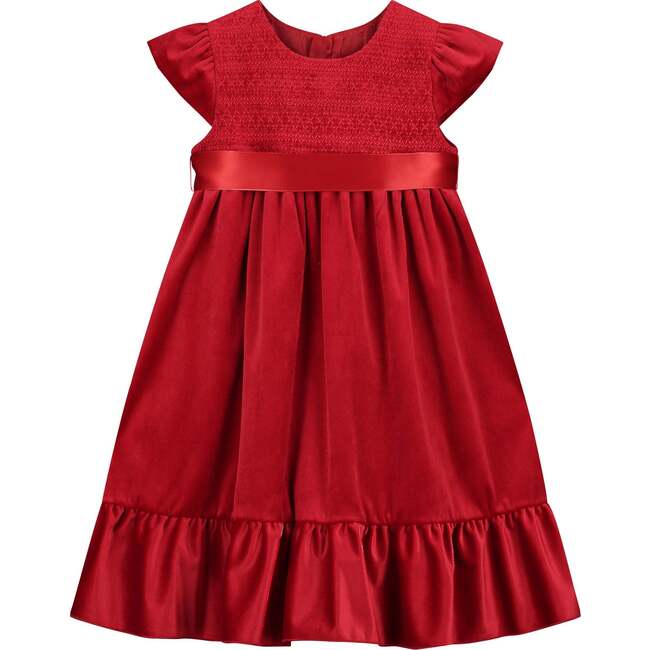 Poppy Smocked Velvet Girls Party Dress, Red