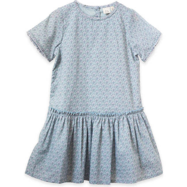 Willow Block Print Short Sleeve Ruffle Waist Dress, Sky Blue